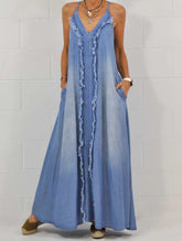 Raw Edge V Neck Pocket Maxi Dress Sleeveless